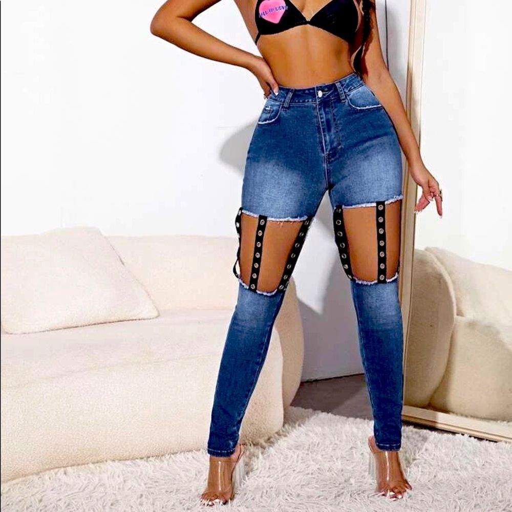 High Waist Strap Cut Out Skinny Jeans